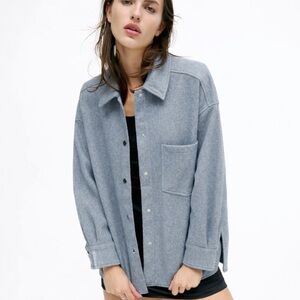 ZARA Blue Gray Shacket Overshirt Jacket Longline Snap Front Size Small